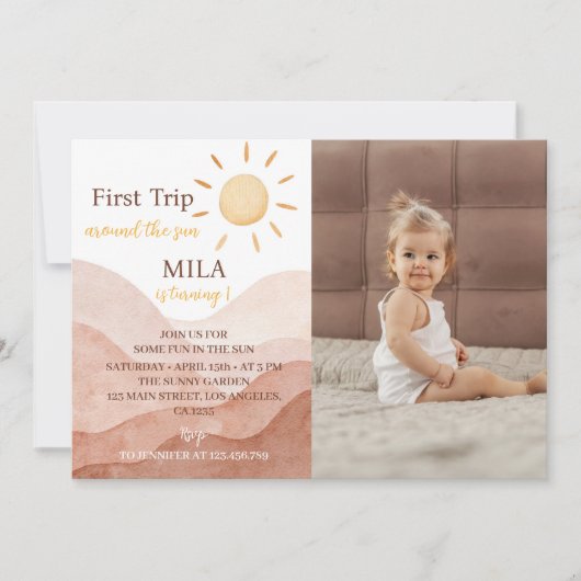 Eerste reis rond zon Verjaardag Foto uitnodiging (Voorkant)