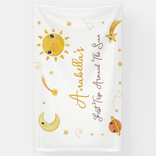 Eerste reis rond zon verjaardagsbanner spandoek (Verticaal)