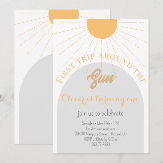 Eerste reis rond zongrijs geel 1e verjaardag kaart (Voorkant / Achterkant)