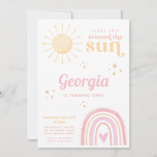 Eerste reis rond zonroze regenboog 1e verjaardag kaart (Voorkant)