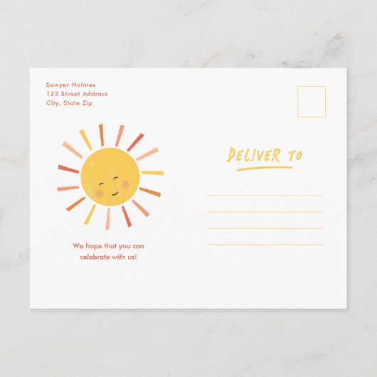 Eerste reis rondom de Zon 1e verjaardag Uitnodigin Briefkaart (Achterkant)