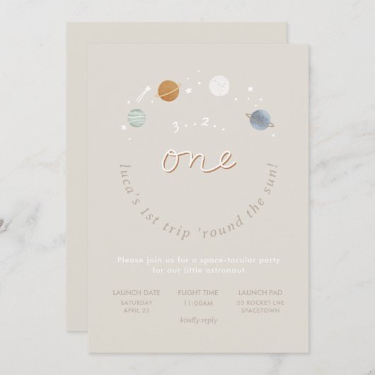 Eerste reis Ruimtethema 1e verjaardag uitnodiging (Voorkant / Achterkant)