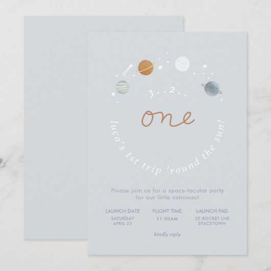 Eerste reis Ruimtevaartthema 1e verjaardag Uitnodi Kaart (Voorkant / Achterkant)
