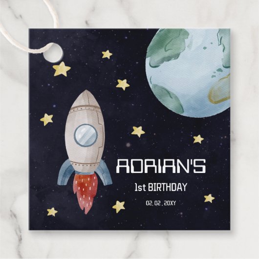 Eerste reis van de eerste verjaardag van de ruimte bedankjes labels (Voorkant)