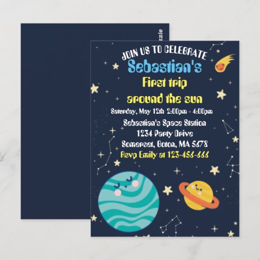 Eerste reis van de eerste verjaardag van de ruimte briefkaart (Voorkant / Achterkant)