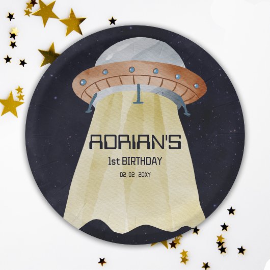 Eerste reis van de eerste verjaardag van de ruimte papieren bordje