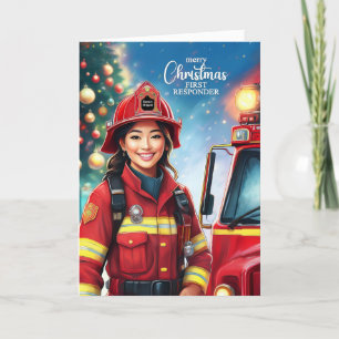Eerste Responder Aziatische Vrouw brandweerman ker Feestdagen Kaart