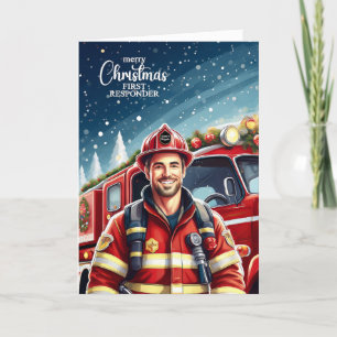 Eerste Responder Mannelijke Brandweerman Kerstmis Feestdagen Kaart