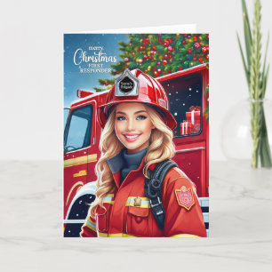 Eerste Responder Vrouw Brandweerman Kerst Feestdagen Kaart