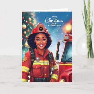 Eerste Responder Zwarte Vrouw Brandweerman Kerst Feestdagen Kaart