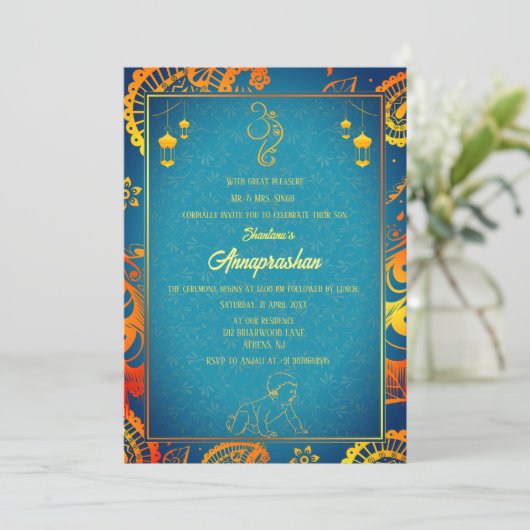 Eerste rijst "Annaprashan" Indiase Baby Kaart (Staand voorkant)