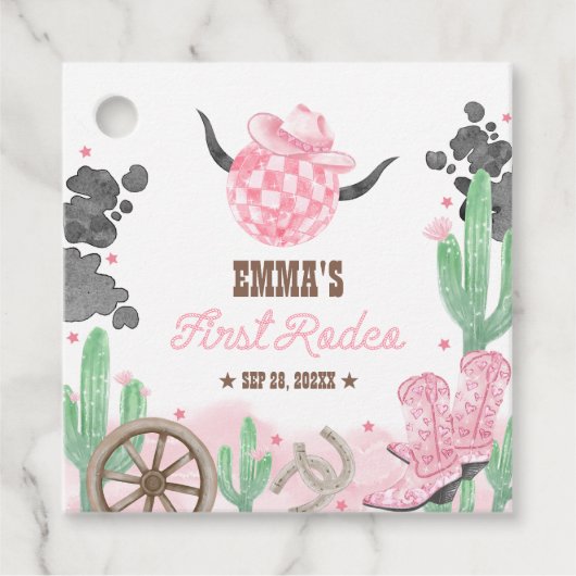 Eerste Rodeo 1e Verjaardag Roze Boho Wilde Westen Bedankjes Labels (Voorkant)