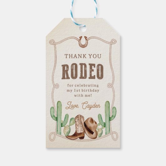 Eerste Rodeo 1e Verjaardag Westerne Cowboy Cadeaulabel (Achterkant)