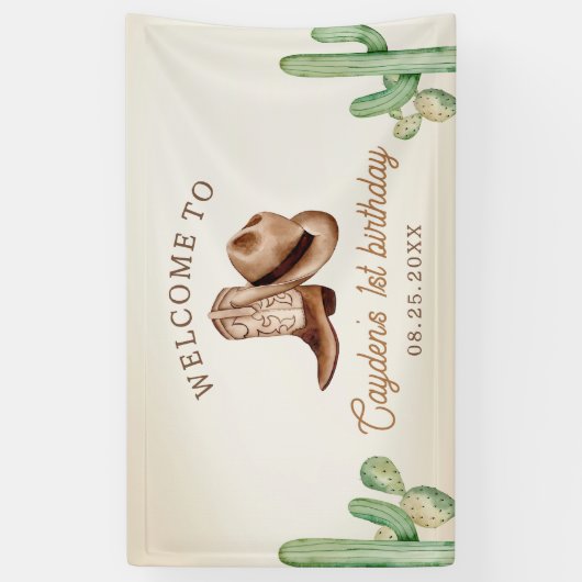Eerste Rodeo 1e Verjaardag Westerne Cowboy Spandoek (Verticaal)