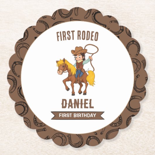 Eerste Rodeo Cowboy 1e verjaardag Kartonnen Onderzetters (Voorkant)