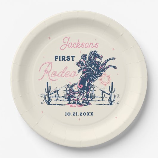 Eerste Rodeo Cowboy Birthday Party opzadelen Papieren Bordje (Voorkant)