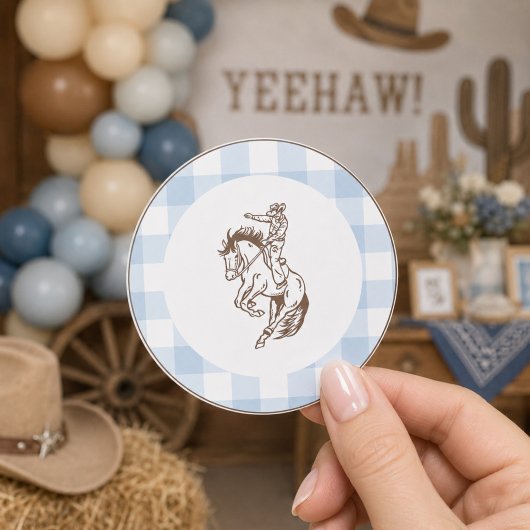 Eerste Rodeo Cowboy Blauwe Gingham Chic Ronde Sticker