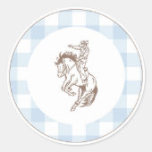 Eerste Rodeo Cowboy Blauwe Gingham Chic Ronde Sticker (Voorkant)