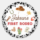 Eerste Rodeo Cowboy Cupcake Topper 1e verjaardag Ronde Sticker (Voorkant)