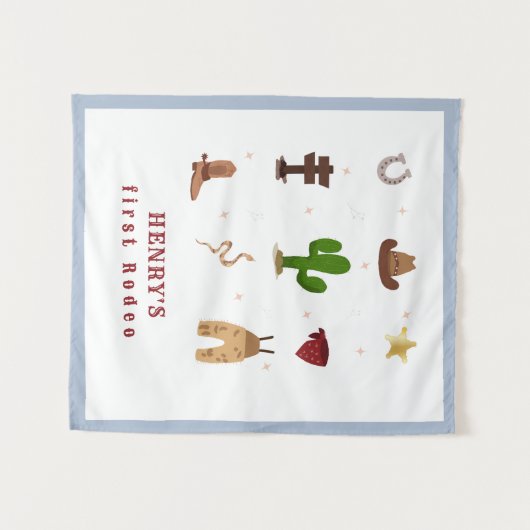 Eerste Rodeo Cowboy Kids verjaardag uitnodiging Wandkleed (Voorkant (horizontaal))