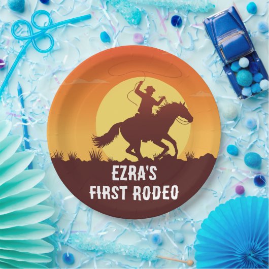 Eerste Rodeo Cowboy Sunset Verjaardag Papieren Bordje (Feest)