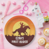 Eerste Rodeo Cowboy Sunset Verjaardag Papieren Bordje