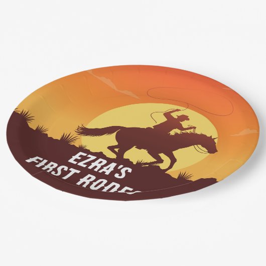 Eerste Rodeo Cowboy Sunset Verjaardag Papieren Bordje (Gekanteld)