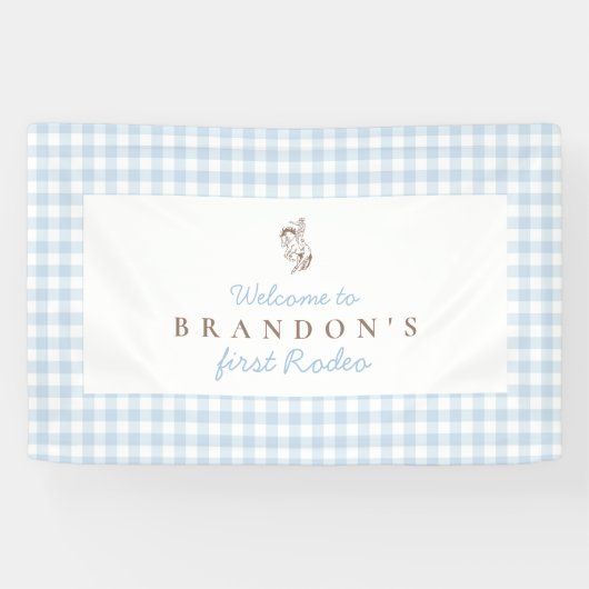 Eerste Rodeo Cowboy Verjaardag Blauw Gingham Prepp Spandoek (Horizontaal)