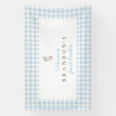Eerste Rodeo Cowboy Verjaardag Blauw Gingham Prepp Spandoek (Verticaal)