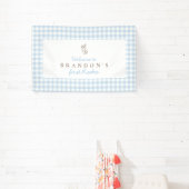 Eerste Rodeo Cowboy Verjaardag Blauw Gingham Prepp Spandoek (Insitu)