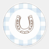 Eerste Rodeo Cowboy Verjaardag Blauwe Gingham Prep Ronde Sticker (Voorkant)