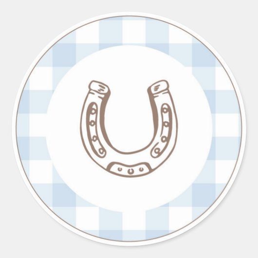 Eerste Rodeo Cowboy Verjaardag Blauwe Gingham Prep Ronde Sticker (Voorkant)