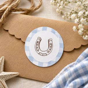 Eerste Rodeo Cowboy Verjaardag Blauwe Gingham Prep Ronde Sticker