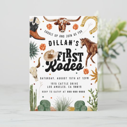 Eerste Rodeo Cowboy Verjaardag uitnodiging (Staand voorkant)