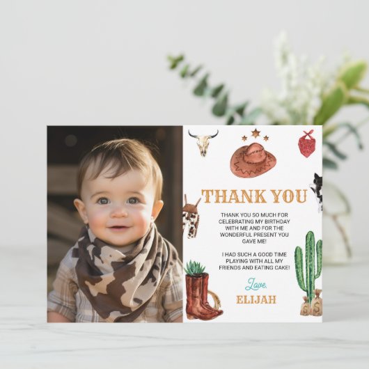 Eerste Rodeo Cowboy Verjaardagsfoto Dank je kaart (Staand voorkant)