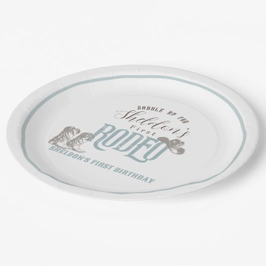 Eerste Rodeo Cowboy Western Blauw 1e Verjaardag Papieren Bordje (Gekanteld)