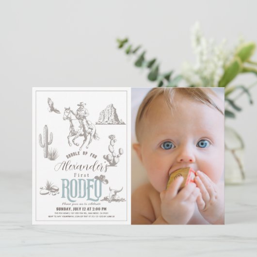 Eerste Rodeo Cowboy Western Blauw 1e Verjaardagsfo Kaart (Staand voorkant)