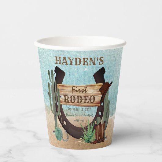 Eerste Rodeo Cowboy Western Boy 1st Birthday Party Papieren Bekers (Voorkant)