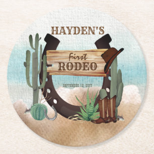 Eerste Rodeo Cowboy Western Boy 1st Birthday Party Ronde Kartonnen Onderzetter
