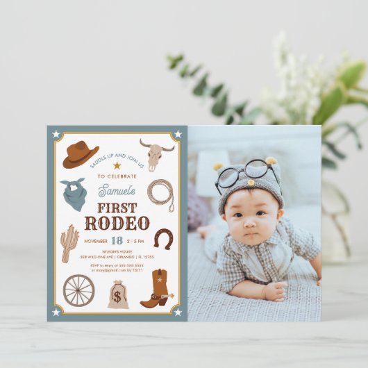 Eerste Rodeo Cowboy Wild West Eerste Verjaardag Fo Kaart (Staand voorkant)