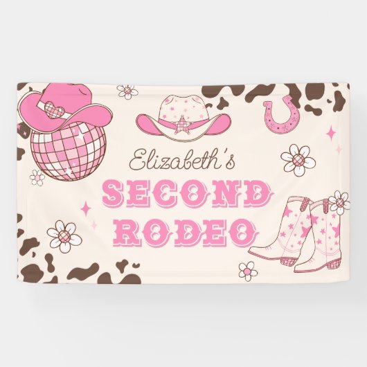 Eerste Rodeo Cowgirl 2e rodeo verjaardagsfeestje Spandoek (Horizontaal)