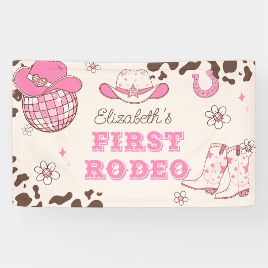Eerste Rodeo Cowgirl bruin 1e verjaardagsfeestje Spandoek (Horizontaal)