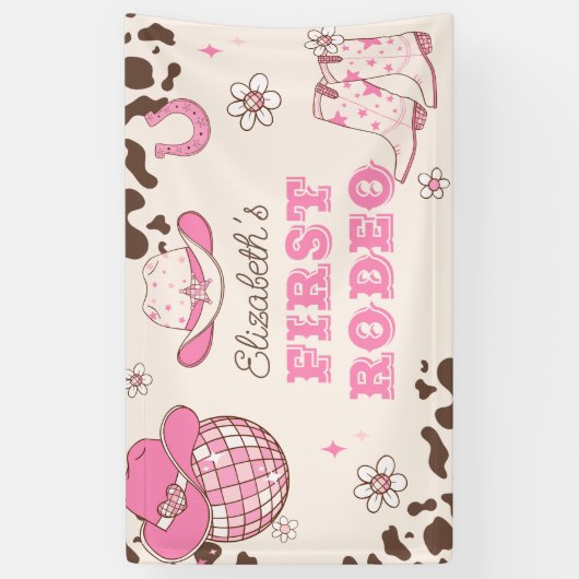 Eerste Rodeo Cowgirl bruin 1e verjaardagsfeestje Spandoek (Verticaal)