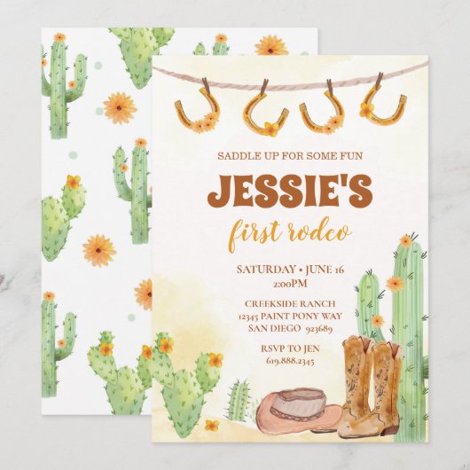 Eerste Rodeo Cowgirl Uitnodiging voor verjaardag (Voorkant / Achterkant)