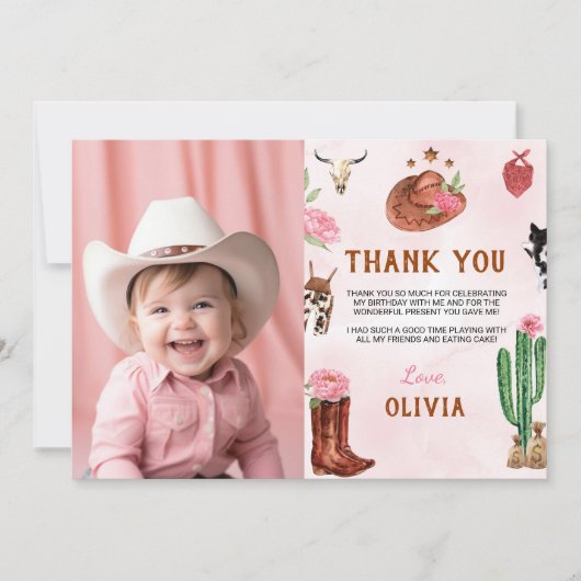 Eerste Rodeo Cowgirl Verjaardagsfoto Dank je kaart (Voorkant)