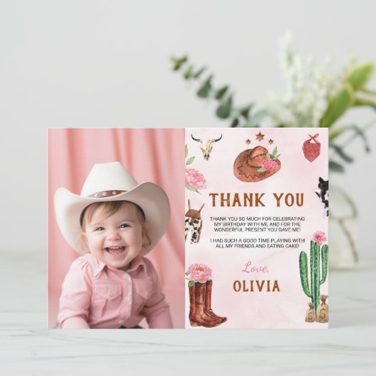Eerste Rodeo Cowgirl Verjaardagsfoto Dank je kaart (Staand voorkant)