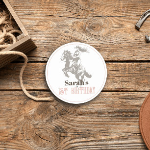 Eerste Rodeo Cowgirl Western Roze 1e Verjaardag Ronde Sticker