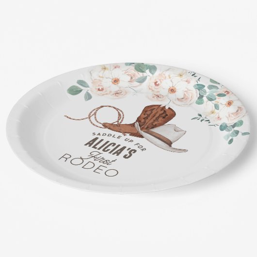 Eerste Rodeo Cowgirl Westerne Floral 1e verjaardag Papieren Bordje (Gekanteld)