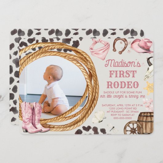 Eerste Rodeo Meisje Roze Western Verjaardagsfeestf Kaart (Voorkant / Achterkant)