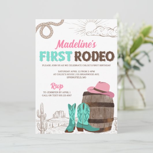 Eerste Rodeo Meisjes Western Eerste Verjaardag Kaart (Staand voorkant)